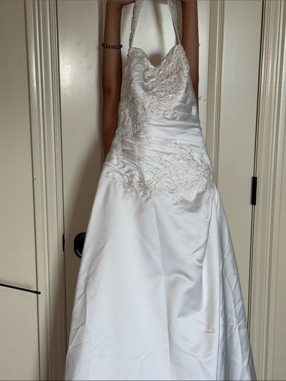 David's Bridal White Satin Halter A-Line Wedding Dress with Lace Appliqué